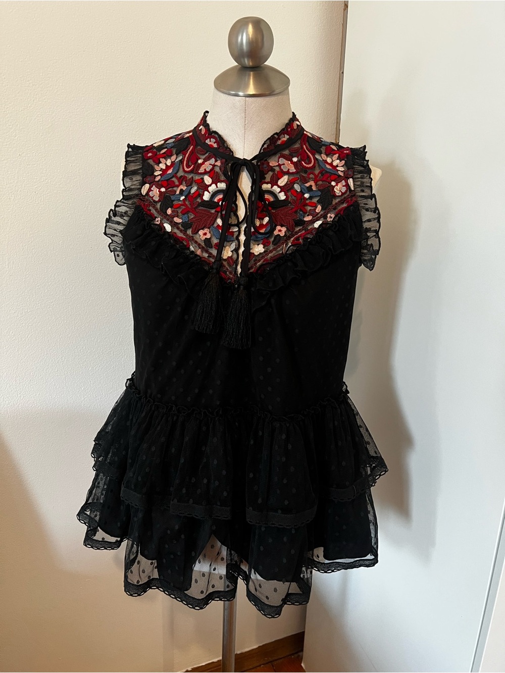 Kate Spade Black Sleeveless Ruffle Peplum Top with Red Embroidered Yoke